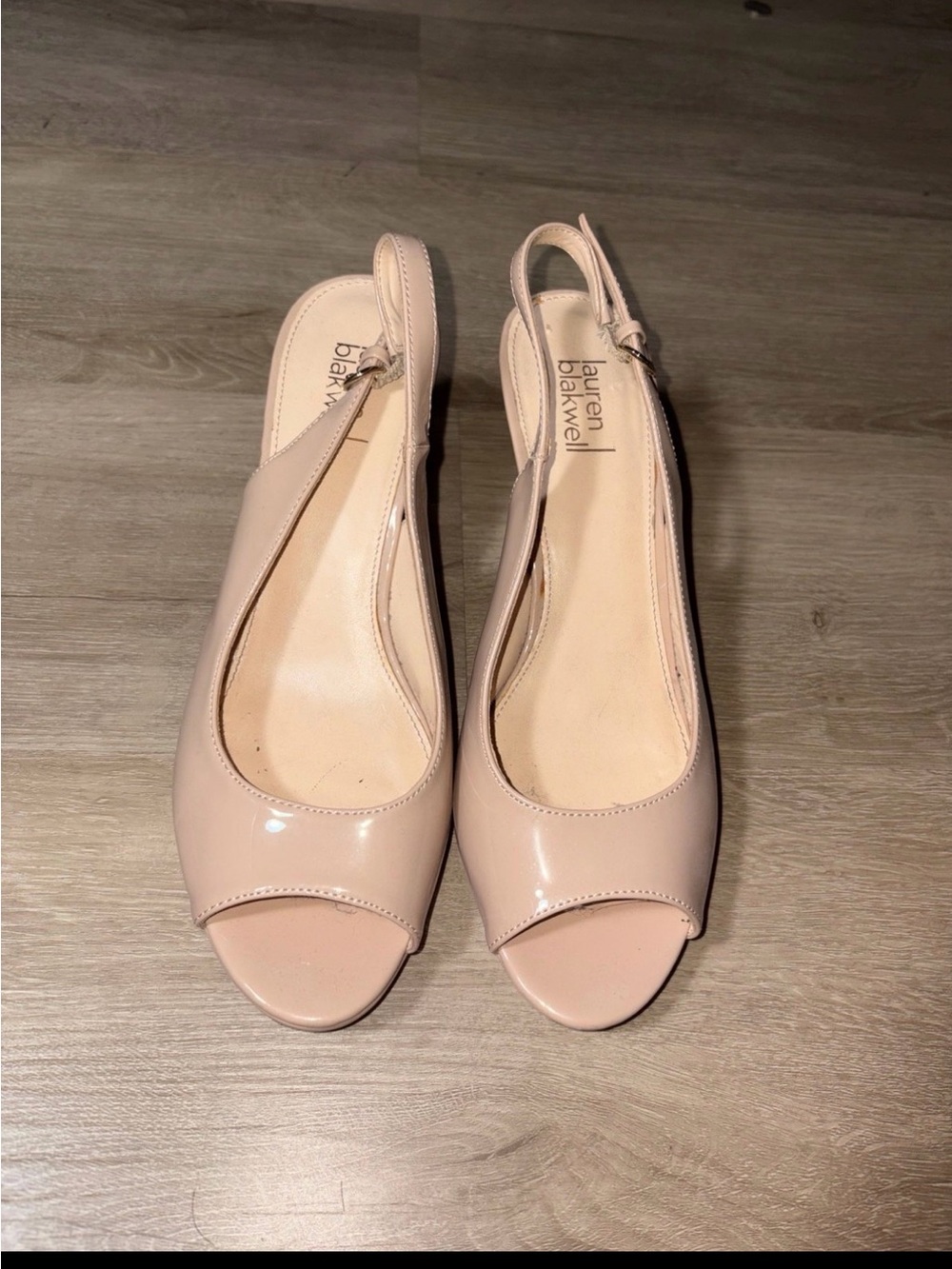 Nude Patent Peep-Toe Slingback Heels